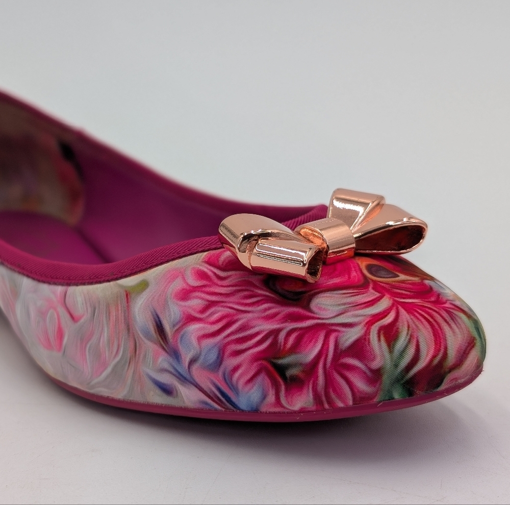 Ted Baker London IMME 2 Sz 9  Vibrant Floral Pink Ballet Flats Rosegold Bows - Picture 5 of 17
